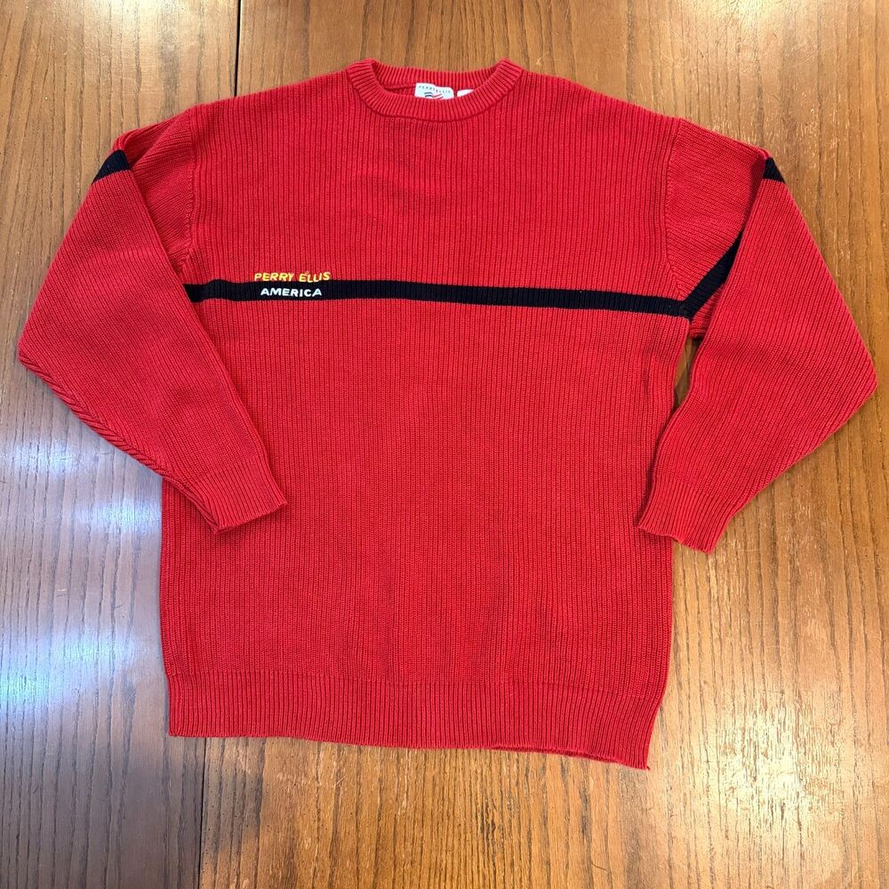 Vintage Perry Ellis America Rib Knit Sweater Red Cotton Crewneck Spellout USA M
